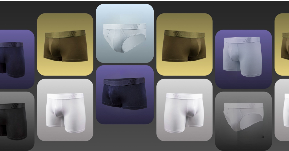 Color tile display showcasing ALPHX underwear styles in green, navy, light blue, and white for premium, stylish options